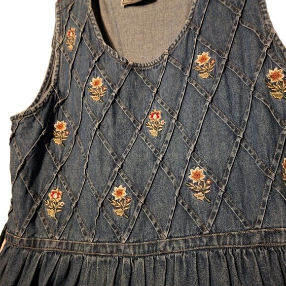 Vtg STYLE Denim Dress Sz L Sleeveless Floral Embroidered Flared Waist Tie 79552 - Picture 9 of 12